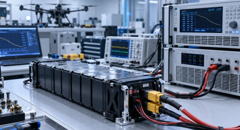 UAV battery connected to electronic load equipment during discharge performance testing