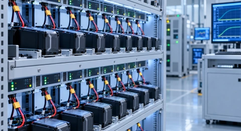 Battery packs undergoing repeated charge and discharge cycle testing in a laboratory