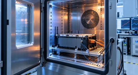 Battery pack inside an environmental temperature test chamber