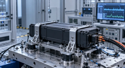 Battery pack fixed to a vibration test fixture for mechanical reliability evaluation