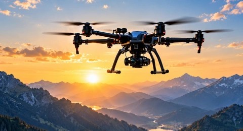 Industrial UAV flying in a mountainous landscape during an application validation scenario